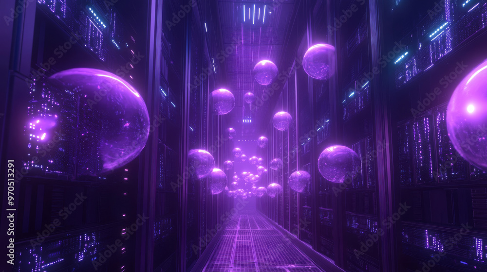 Poster a futuristic server room with glowing equipment and data spheres floating in the air. this represent