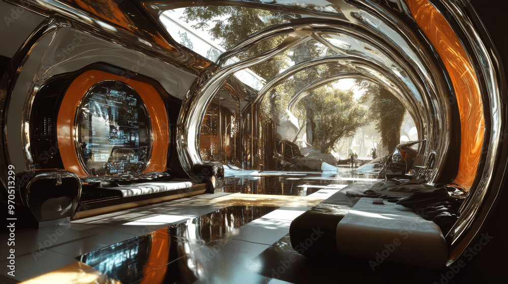 Poster a futuristic room filled with advanced technology, shown in a 3d image that lets you look all around