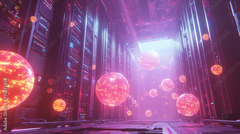 Poster a futuristic server room with glowing equipment and data spheres floating in the air. this represent