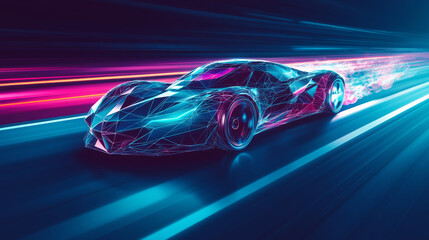Obraz premium A futuristic, sleek electric sports car is speeding down a highway. The car is made of triangles, giving it a modern, digital look. It's shown against a dark blue background.low poly.