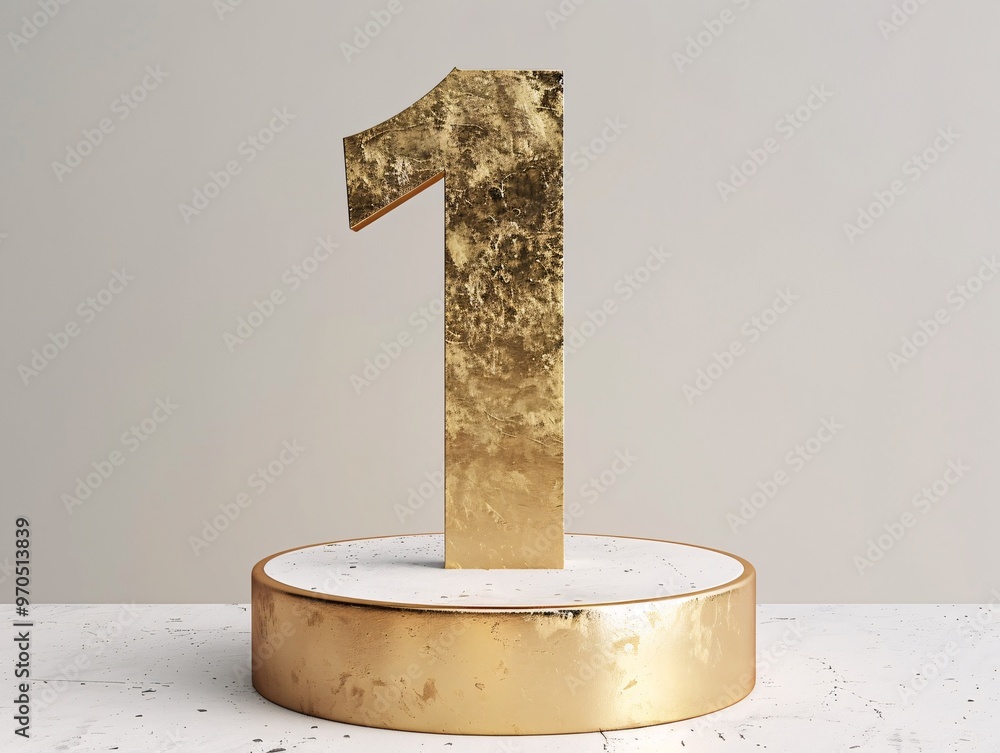 Wall mural 2. A minimalist stage podium featuring a bold, gold number one. The podium has a sophisticated design with sharp edges and a smooth surface. The white background accentuates the gold's brilliance,