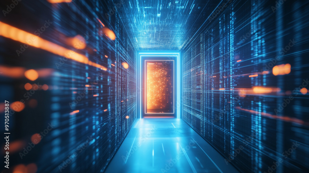 Poster a glowing door stands in a tunnel filled with flashing lights from a digital data center. it represe