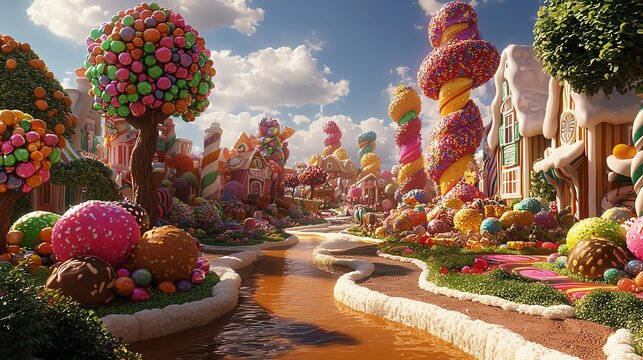A whimsical, colorful candy village featuring candy trees, cottages, and a chocolate river under a blue sky with fluffy clouds.
