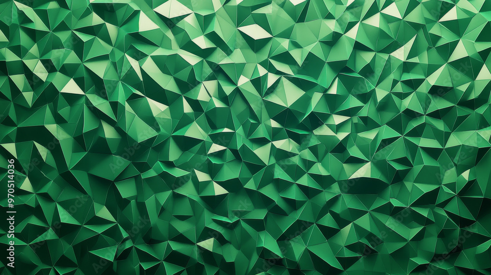 Poster a green background made of tiny triangles, creating a geometric pattern. the design uses squares tha