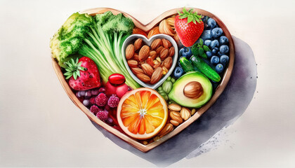 Watercolor heart-shaped bowl filled with healthy foods