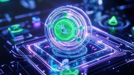 Obraz premium Futuristic molecular structure illuminated in vibrant colors on a digital interface, showcasing advanced technology and science concepts.