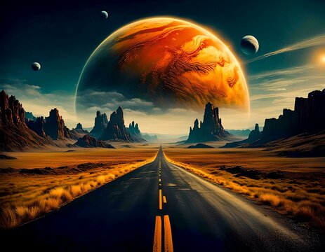 Journey to Gliese 876 d Exoplanet. Road to Orange-Brown-Yellow Planet. Generative AI illustration