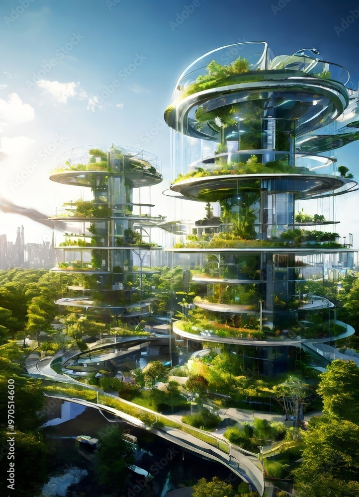 Poster a futuristic cityscape with a unique architectural design, featuring multiple levels of buildings co