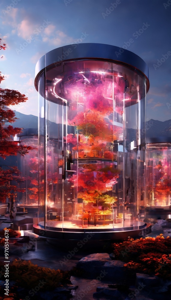 Aufkleber A futuristic glass structure with a circular top and a spiral design, illuminated by a vibrant display of colors, stands amidst a serene garden setting with trees and flowers.