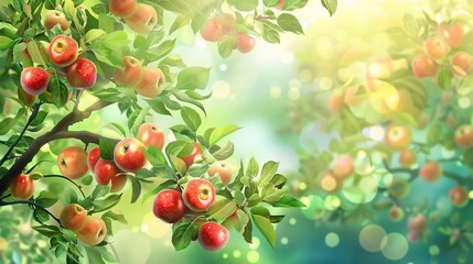 Obraz premium 7. A summer scene featuring an apple tree with abundant fruit, illustrated in vector style. The tree is full of apples, with leaves gently swaying in the summer breeze. The bright, sunny background