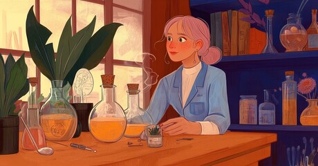 Modern Alchemist: A Young Woman Brewing Potions in a Bright Laboratory
