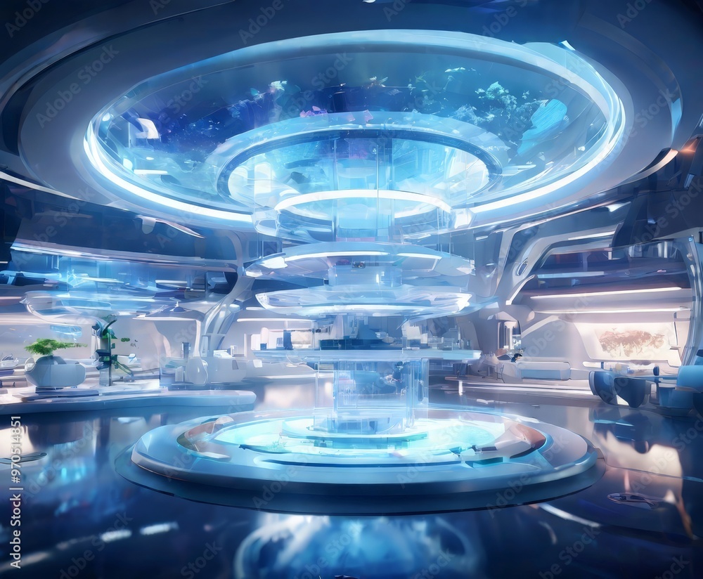 Poster a futuristic, circular room with a transparent ceiling and a central fountain, creating a serene and