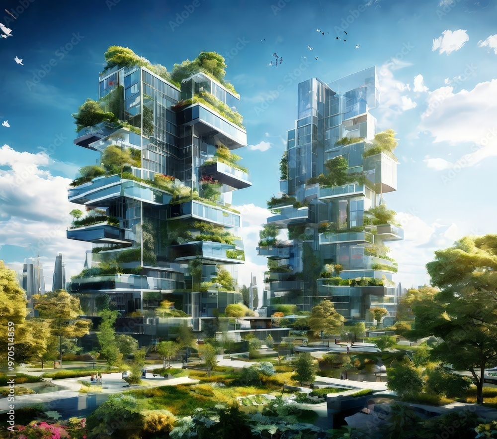 Aufkleber two towering, vertical structures with a unique, layered design that incorporates greenery, creating