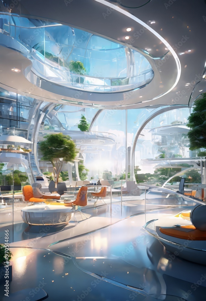 Poster a futuristic indoor space with a curved ceiling, large windows, and a variety of seating arrangement