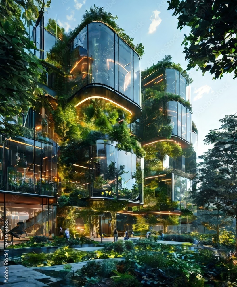 Aufkleber a modern architectural structure with a unique design, featuring a series of curved glass walls that