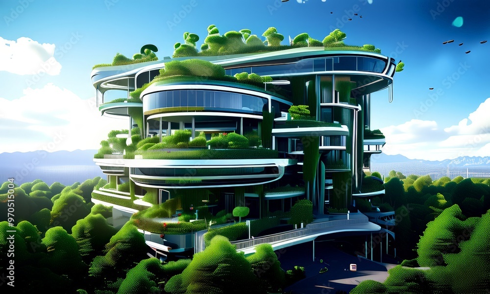 Poster a futuristic, multi-level building with a unique, curved design, surrounded by lush greenery and a clear blue sky.