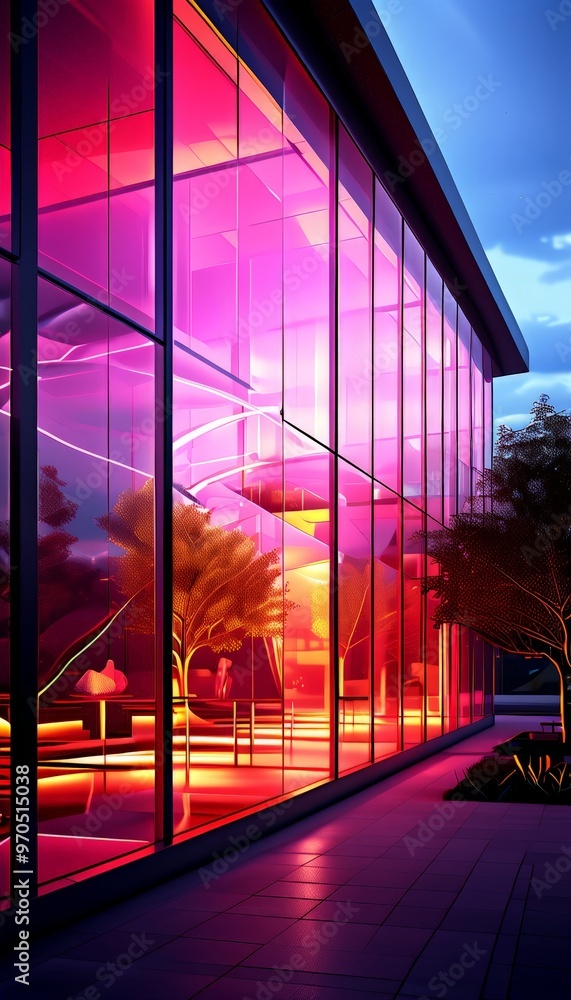 Poster a modern building with a glass facade that reflects the surrounding environment, including trees and