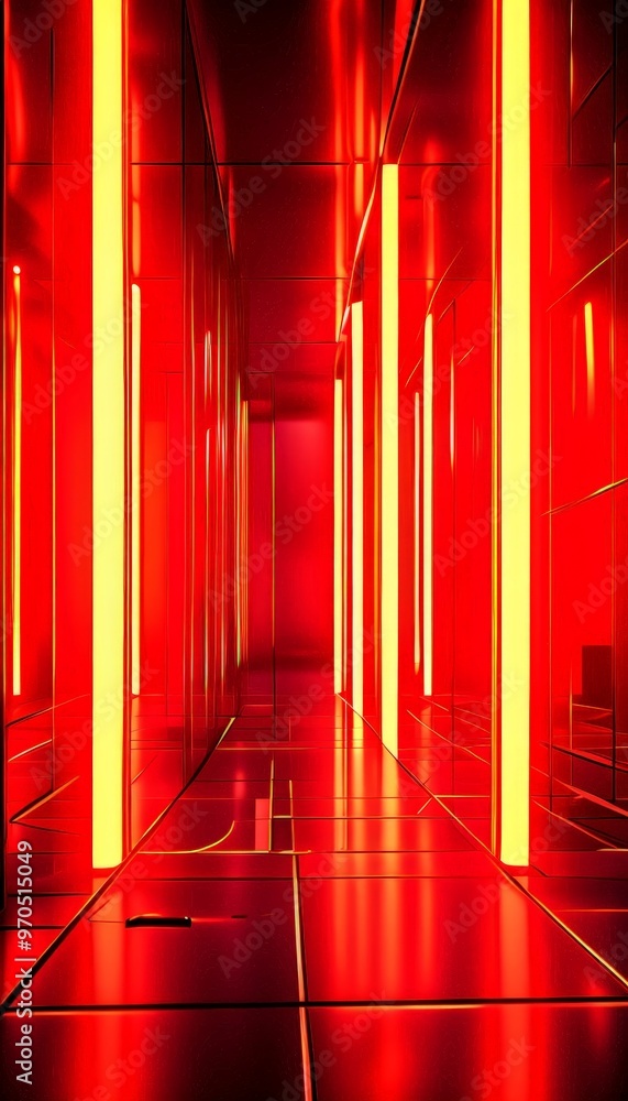 Aufkleber A long, dimly lit corridor with a grid-like pattern of glowing red and yellow lights, creating a futuristic and abstract atmosphere.