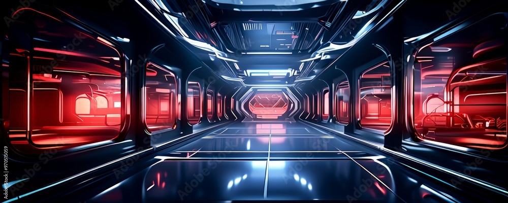Poster a futuristic corridor with a sleek, curved design and a grid-like floor, illuminated by a mix of red
