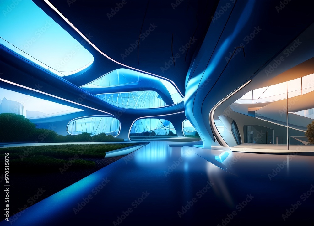 Poster a futuristic architectural structure with curved lines and large windows, creating a sense of movement and fluidity. The scene is illuminated by a blue light, highlighting