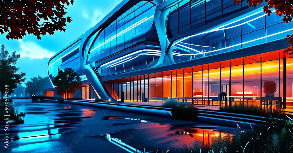 Wall mural a modern building with a sleek, curved facade, illuminated by blue and orange lights, situated in a park-like setting with trees and a reflective surface.