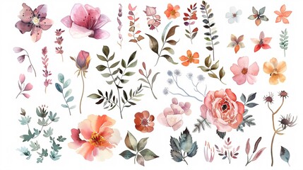 13. A collection of watercolor flowers and leaves in a vector set, isolated on a white background. Each element is painted with gentle, flowing strokes and pastel colors, emphasizing the delicate and