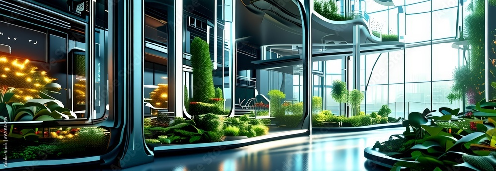 Poster a futuristic indoor garden with a variety of plants and trees, illuminated by a large window that al