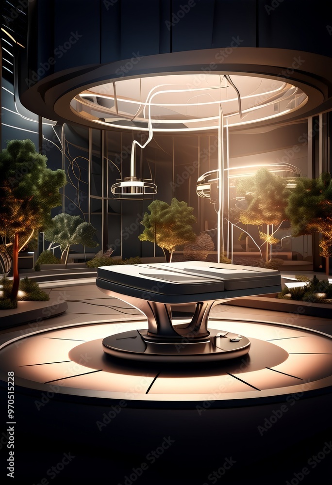 Aufkleber a futuristic indoor space with a circular platform at the center, surrounded by a circular walkway and illuminated by a circular light fixture. The space features a blend