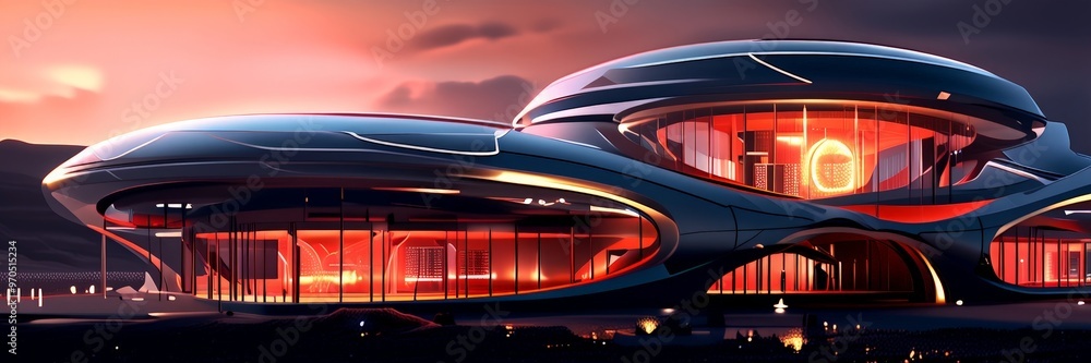 Aufkleber a futuristic building with a curved, dome-like structure and large windows, illuminated by a warm orange glow against a dark sky.