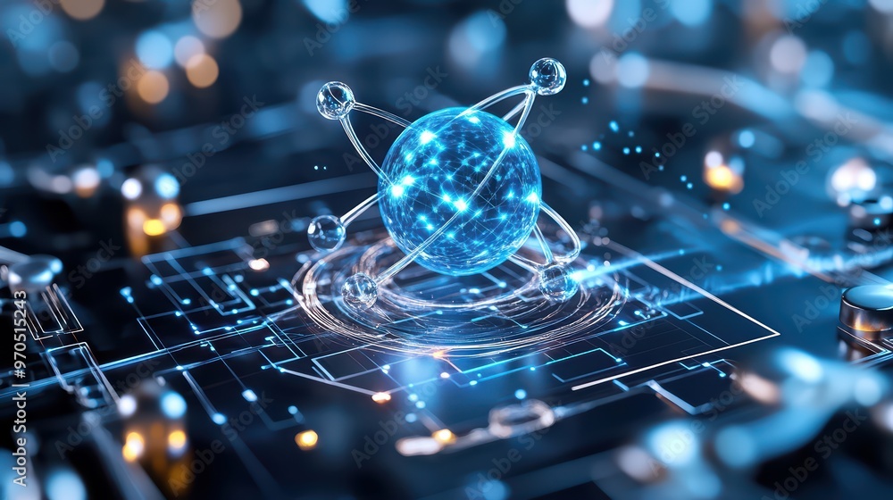 Poster futuristic technology featuring a glowing atom on a digital circuit board, representing innovation a