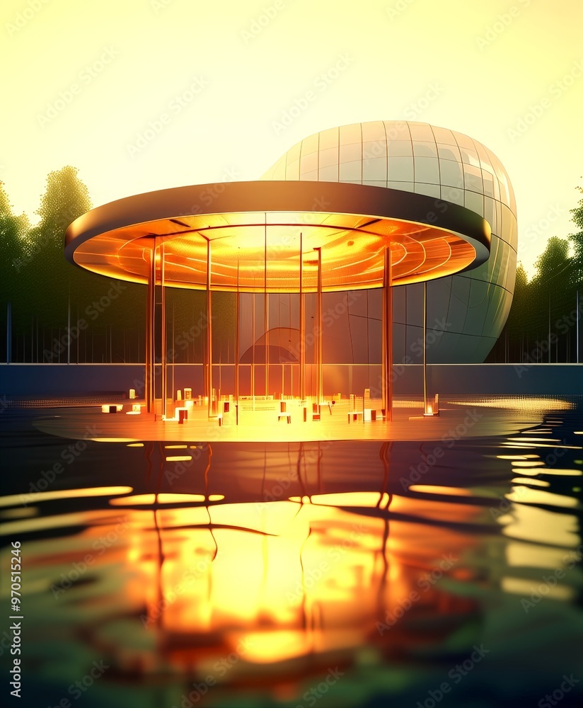 Poster a futuristic architectural structure with a circular, dome-like roof, surrounded by a reflective poo