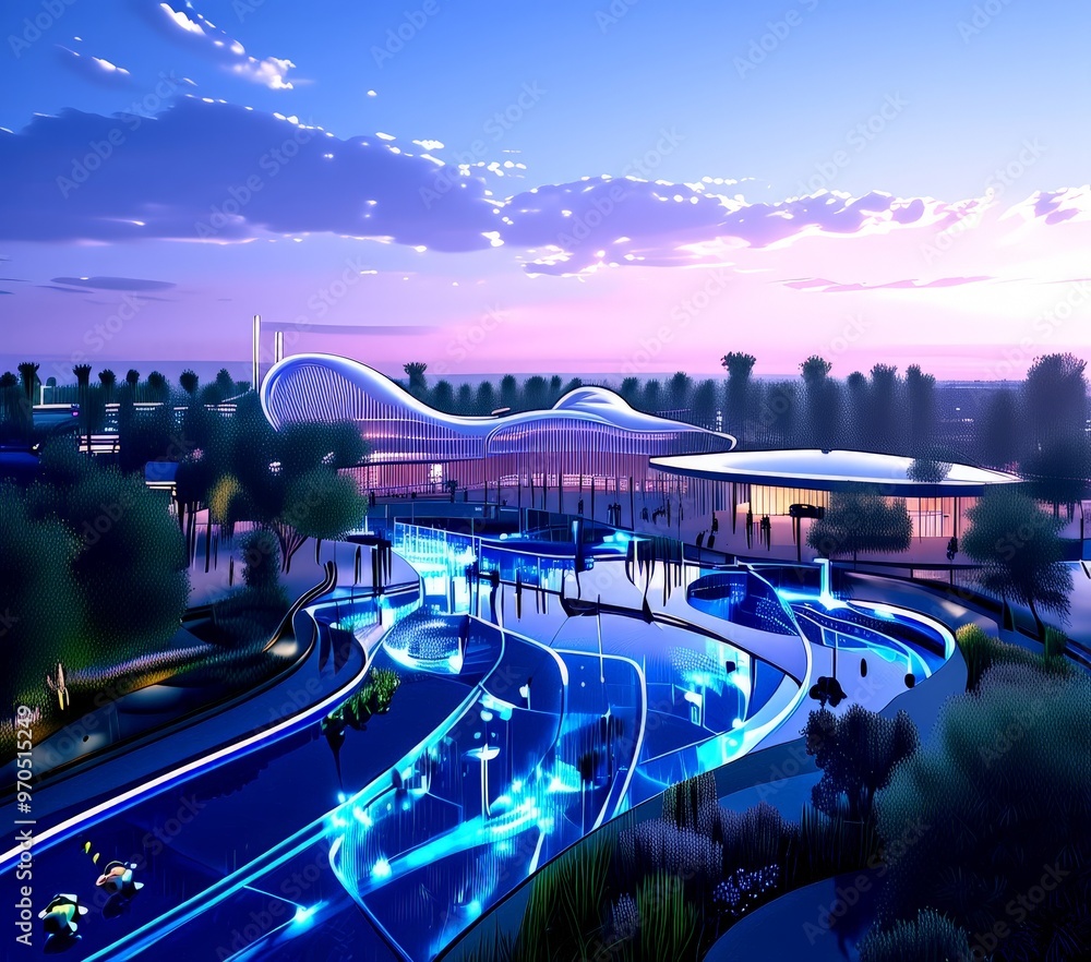 Poster a futuristic architectural design with a curved, wave-like structure and a large, curved roof, set a