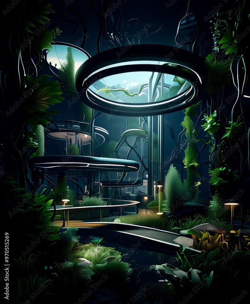 Aufkleber a futuristic, circular greenhouse-like structure with a glass dome, surrounded by lush greenery and illuminated by a network of lights, creating a serene and tranquil atmosphere.