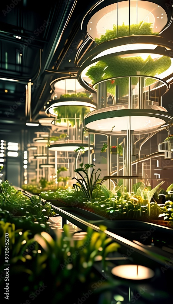 Aufkleber a futuristic indoor garden with a variety of plants housed in circular, illuminated structures. the 