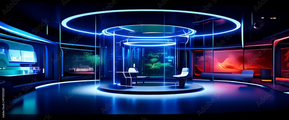 Poster a futuristic, circular room with a circular platform at its center, surrounded by a circular glass w