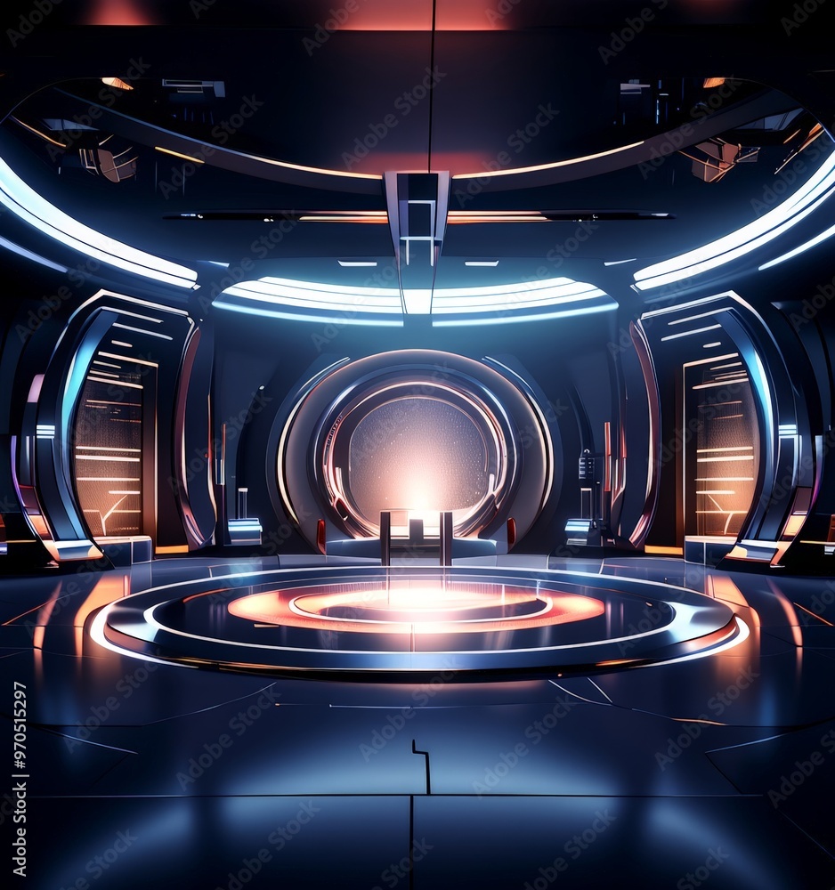 Poster the image presents a futuristic, circular room with a large circular opening at the center, flanked 