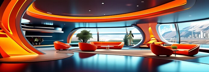 Naklejka premium A futuristic living room with curved walls, orange furniture, and a large window overlooking a mountainous landscape.