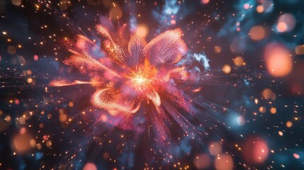 Design a close-up view of a single firework exploding. Capture the intricate details of the sparkles and trails as the firework bursts in the night sky, showcasing its vibrant colors and patterns