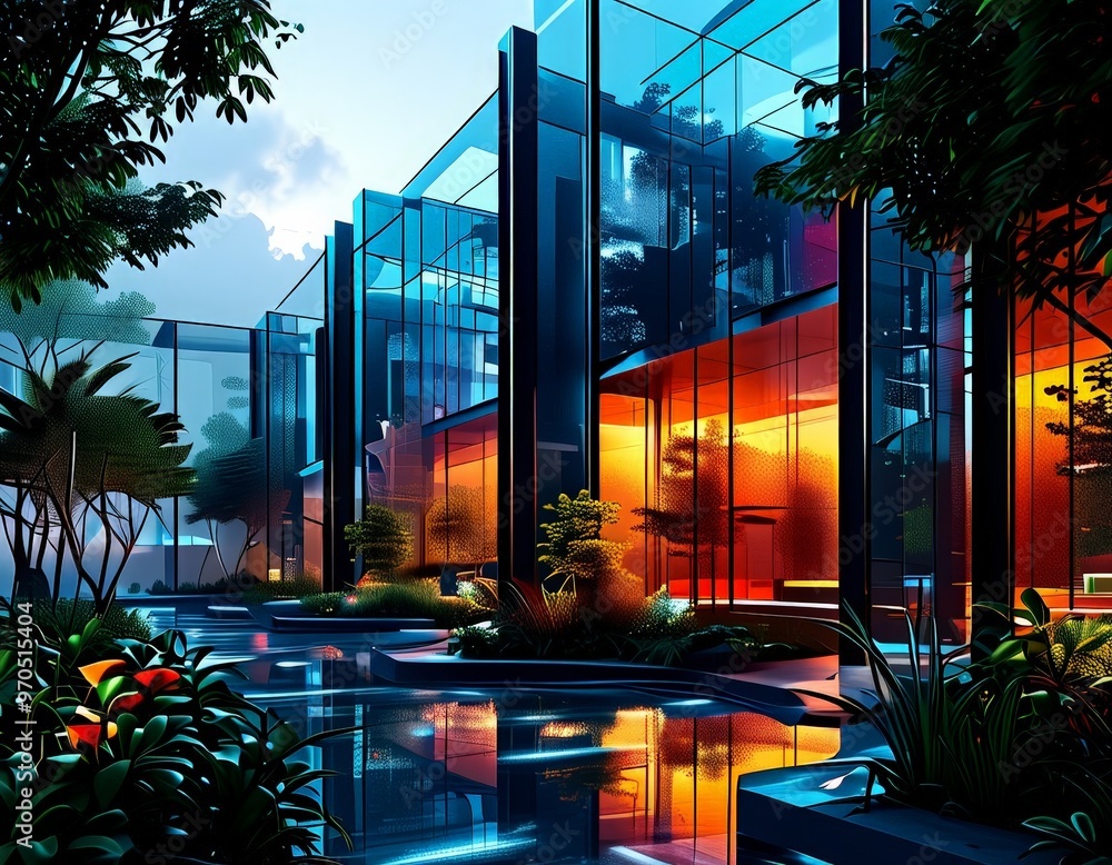 Poster a modern architectural structure with a series of glass and steel columns, surrounded by lush greene