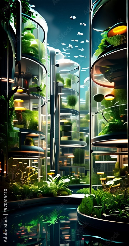 Aufkleber a futuristic cityscape with towering glass structures reflecting the surrounding environment, creating a vibrant and dynamic scene.