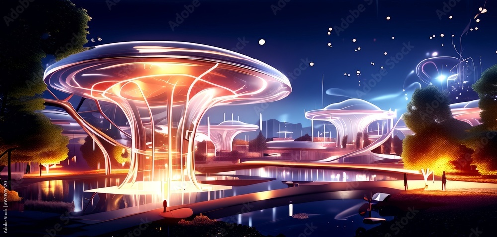 Poster a futuristic cityscape at night, featuring glowing mushrooms and structures illuminated by a myriad 