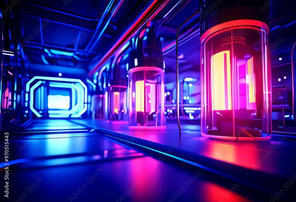Poster a futuristic corridor with glowing blue and red lights, creating a vibrant and immersive environment