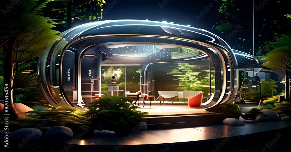 Poster a futuristic, curved glass structure with a curved roof, situated in a lush, tropical garden setting