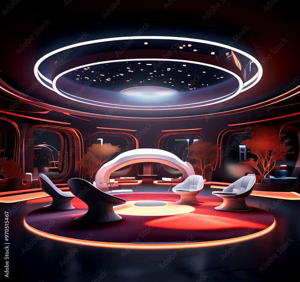 Poster a futuristic lounge with a circular red and white circular table surrounded by four black chairs, se
