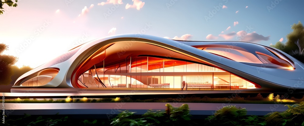 Poster a futuristic architectural design, featuring a curved, angular structure with large windows and a glass facade that reflects the surrounding environment. The building is
