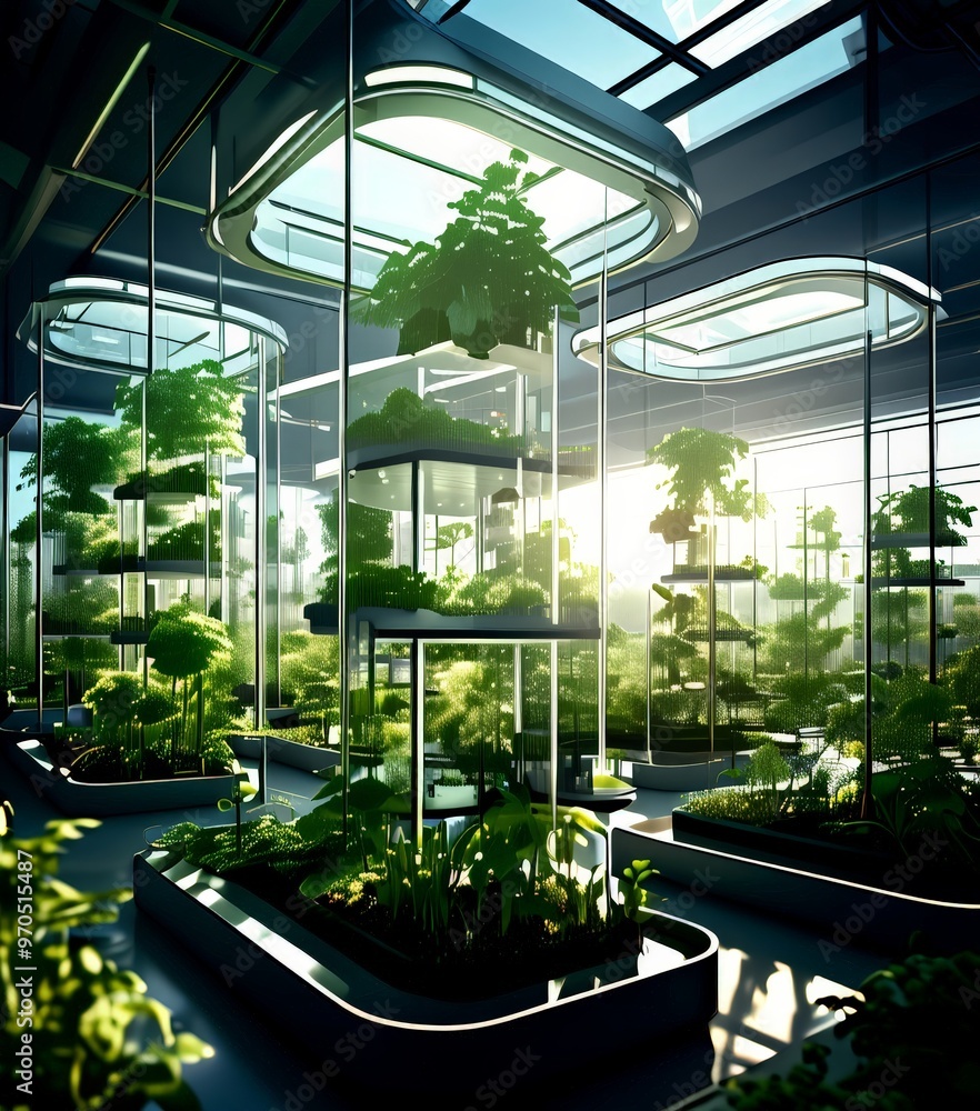 Poster a futuristic greenhouse with a curved glass ceiling and a grid-like pattern of glass panels, filled 