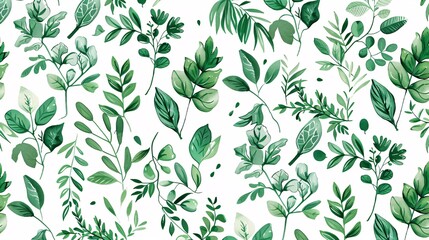 17. A decorative seamless pattern of green leaf sprigs, illustrating natural plants in a continuous design. The pattern is filled with sprigs of different shapes and sizes, each with intricate leaf