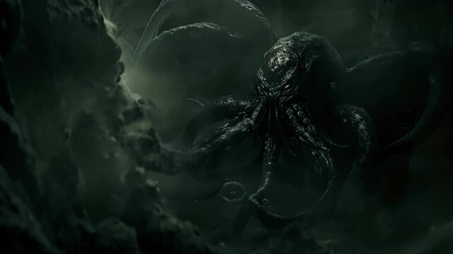 A shadowy, tentacled creature emerges from a swirling vortex of darkness, A mysterious creature emerging from the darkness