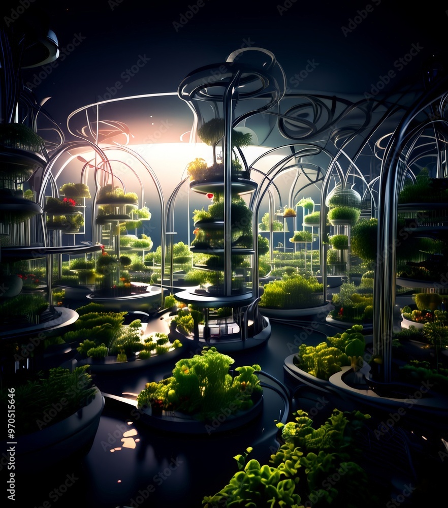 Poster a futuristic indoor garden with a variety of plants arranged in a complex, interconnected layout. th