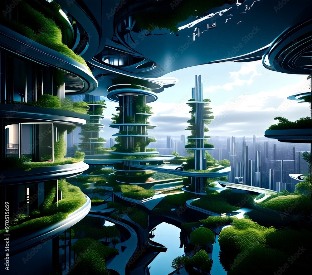 Poster a futuristic cityscape with towering structures covered in lush greenery, creating a harmonious blend of nature and urban architecture.
